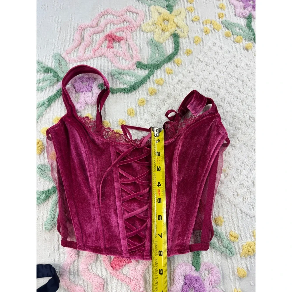 Victoria's‎ Secret Corset Bustier Top Set Floral Lace Up Burgundy Navy  xs - Picture 3 of 15